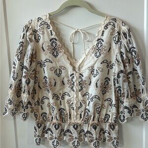Anthropologie Cream and Brown Lace Blouse
